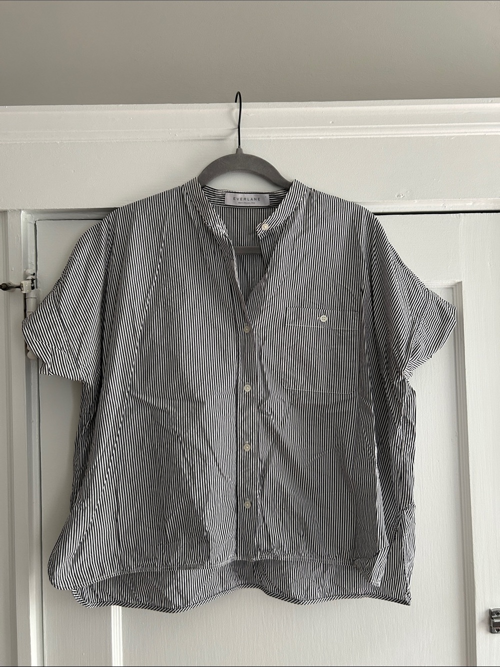 Everlane Black and White Vertical Stripe Short-Sleeve Button-Up Shirt